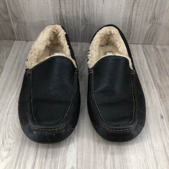Ugg Slippers Mens 12EEE Ascot Dark Brown Leather Slip On Shoes - Picture 6 of 13